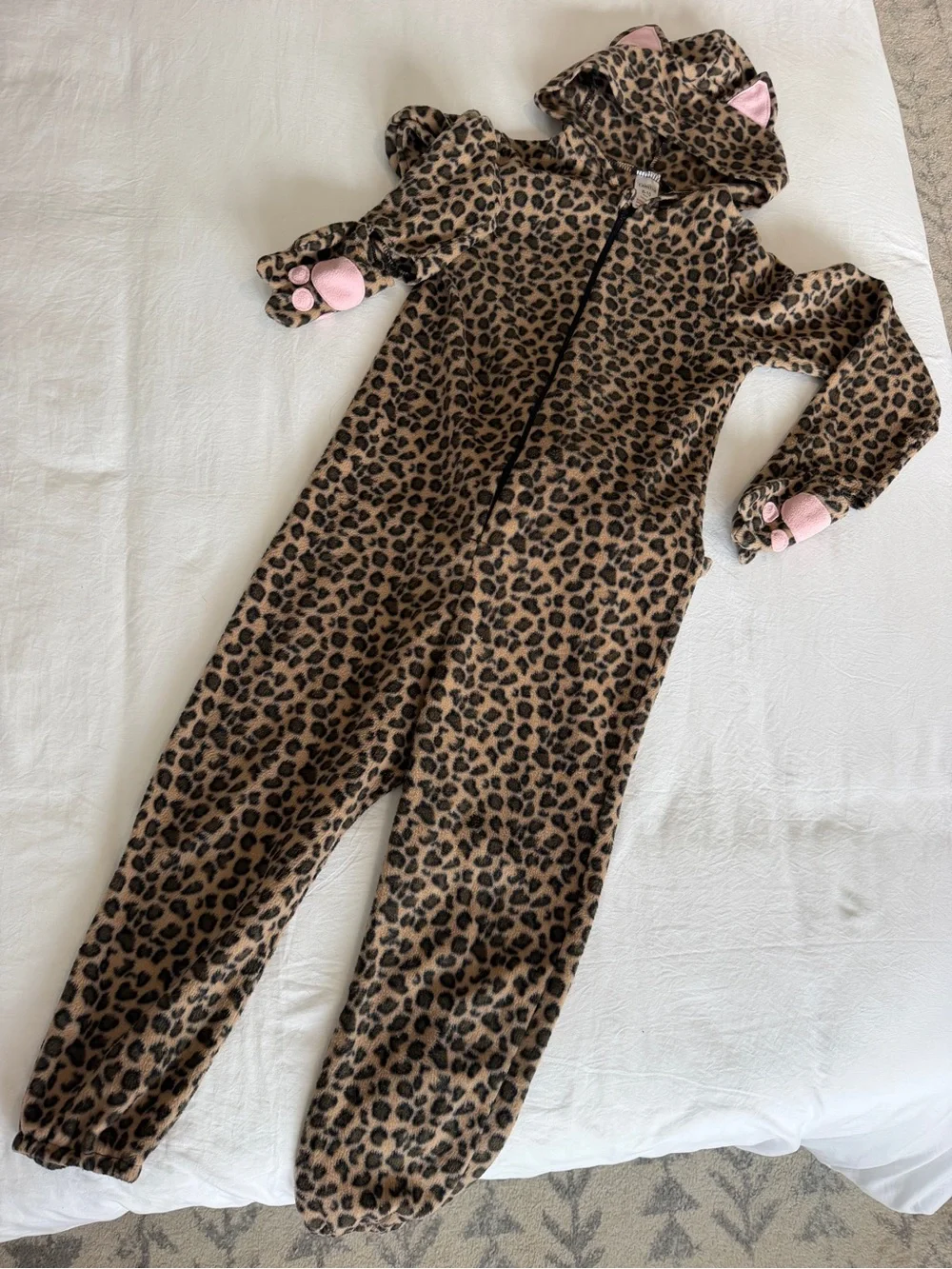 Kids Leopard Cat Costume Size 8-10 Fleece Hooded Jumpsuit Halloween
